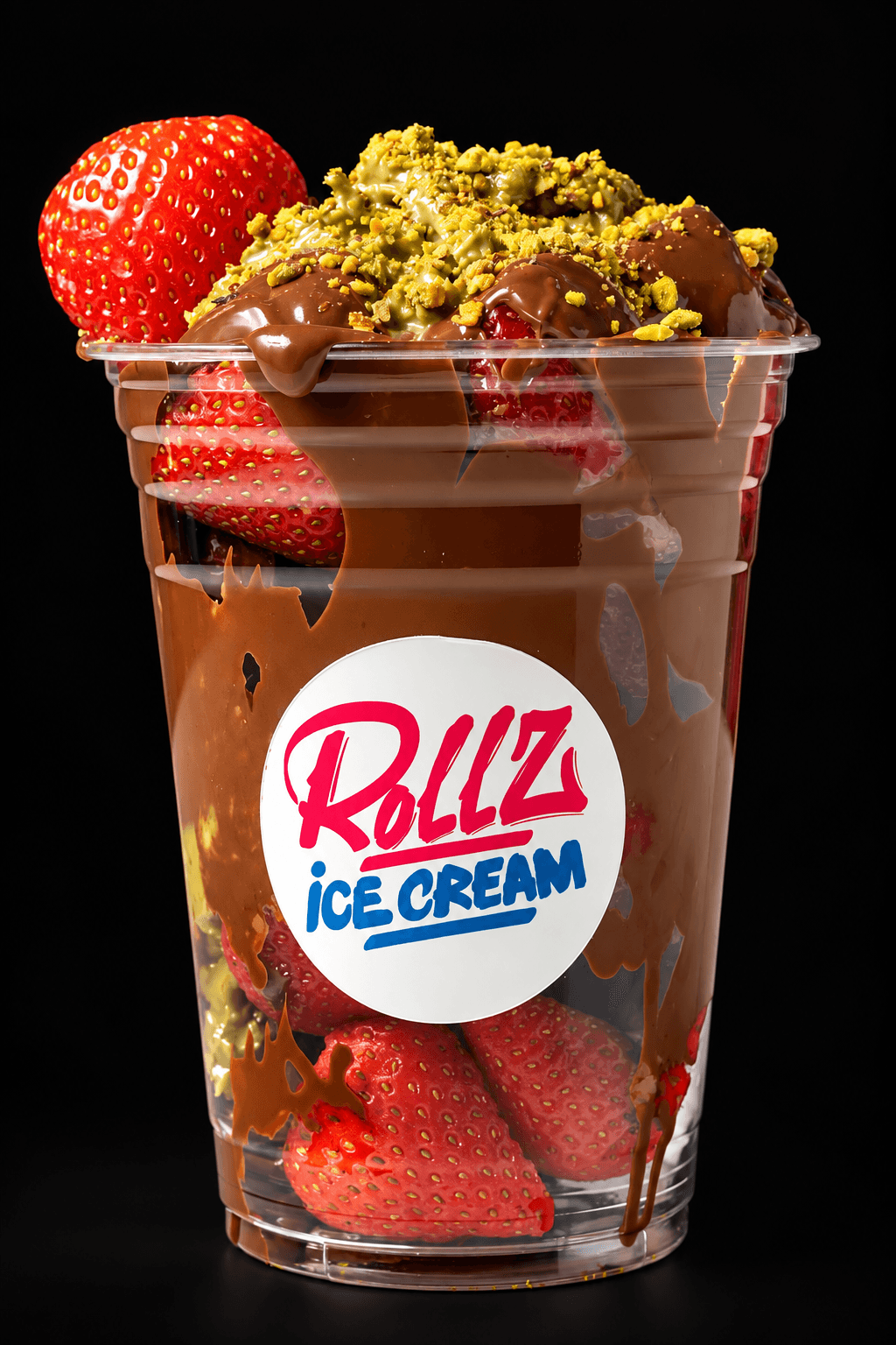Strawberry chocolate kunafa dessert cup from Rollz Ice Cream and Desserts.